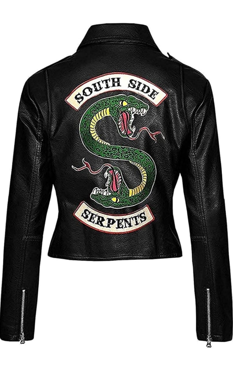 Women Biker Black Faux Leather Jacket with Snake Gang Logo Motorcycle Jacket