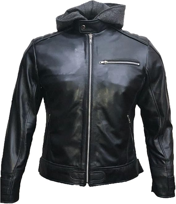 Skyseller New Batman Logo Motorcycle Brando Biker Real Leather Hoodie Jacket - Detach Hood Black
