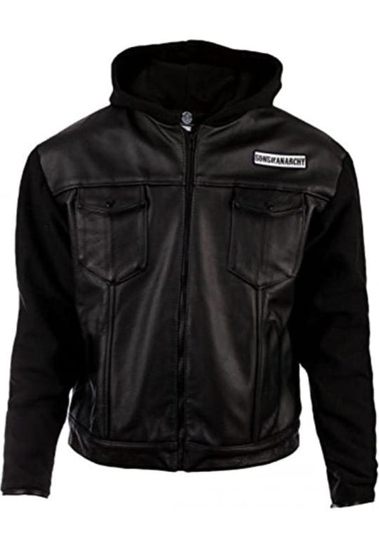 SOA Anarchy Hooded Biker Club Leather Jacket | Men's Leather Motorcycle SOA TV Series Biker Leather Hooded Jacket