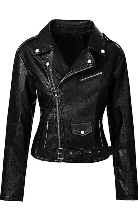 Women Biker Black Faux Leather Jacket with Snake Gang Logo Motorcycle Jacket