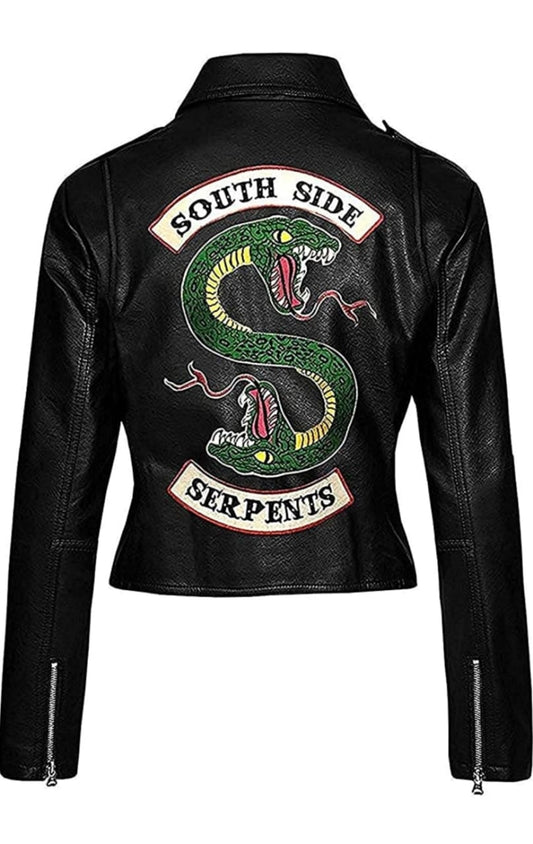 Women Biker Black Faux Leather Jacket with Snake Gang Logo Motorcycle Jacket