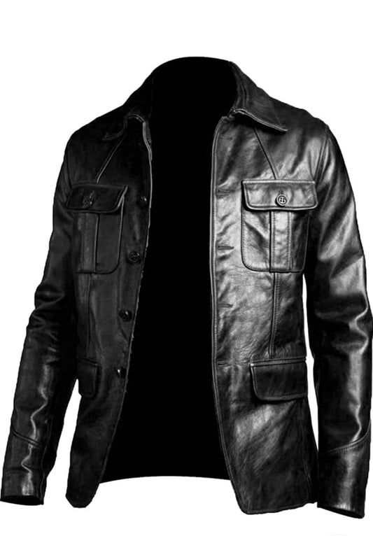 Leather Jacket Men | Vintage Four Pocket Genuine Leather Jacket | Shirt Collar Five Buttons Men's Leather Jacket