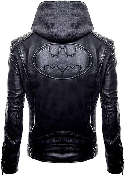 Skyseller New Batman Logo Motorcycle Brando Biker Real Leather Hoodie Jacket - Detach Hood Black