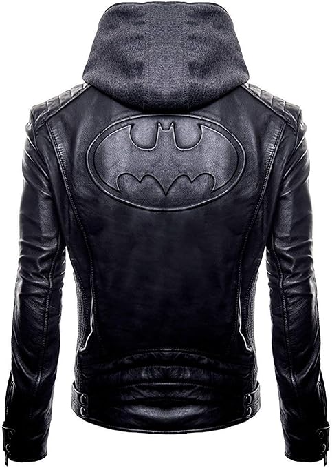 Skyseller New Batman Logo Motorcycle Brando Biker Real Leather Hoodie Jacket - Detach Hood Black