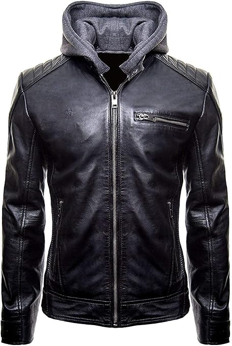 Skyseller New Batman Logo Motorcycle Brando Biker Real Leather Hoodie Jacket - Detach Hood Black