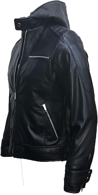 Skyseller New Batman Logo Motorcycle Brando Biker Real Leather Hoodie Jacket - Detach Hood Black
