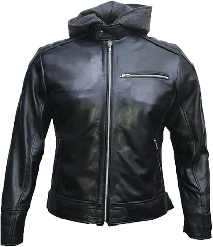 Skyseller New Batman Logo Motorcycle Brando Biker Real Leather Hoodie Jacket - Detach Hood Black