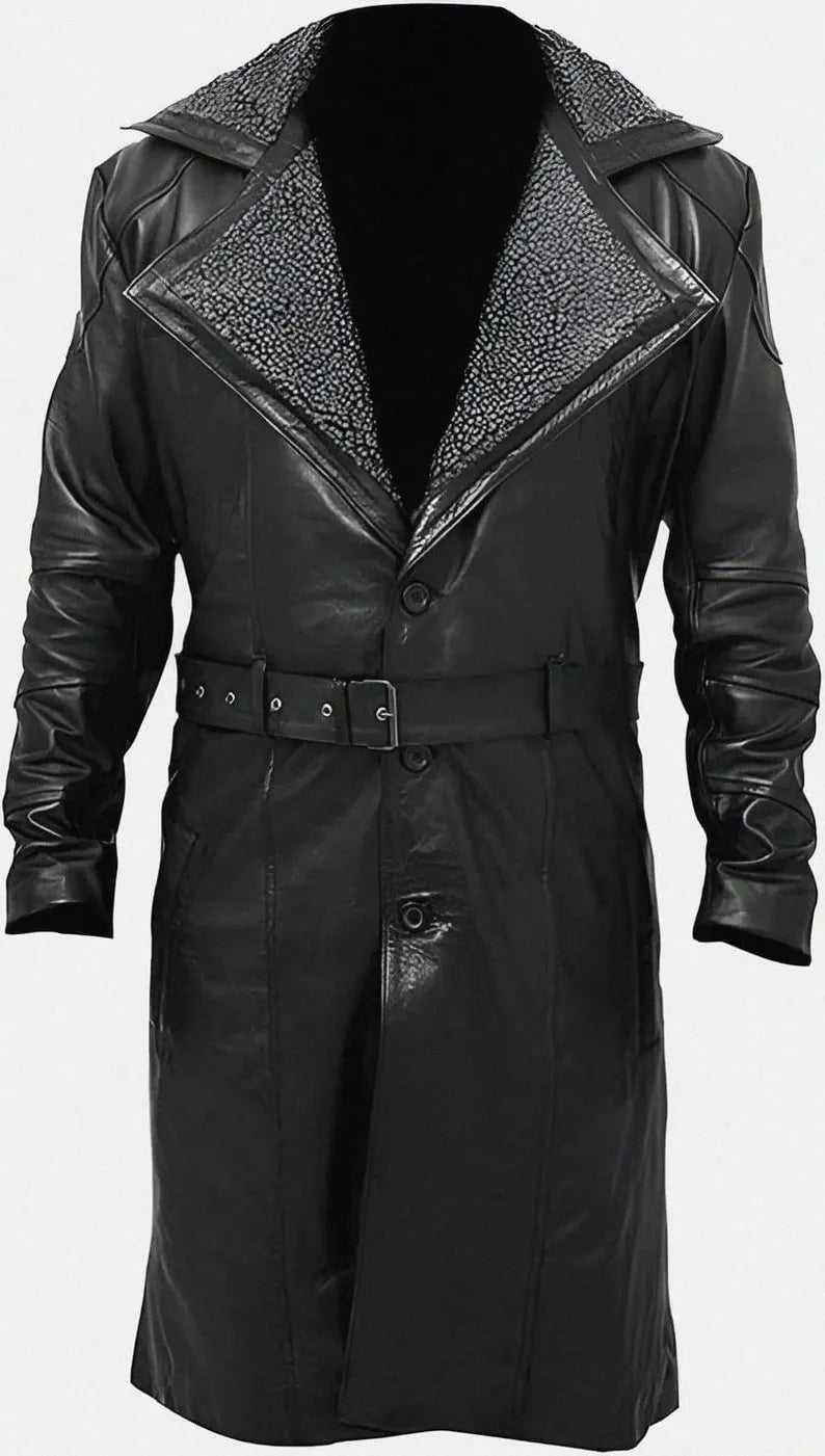 NEW GERMAN CLASSIC WW2 BLACK FULL FAUX FUR REAL SHEEPSKIN LEATHER TRENCH LONG WINTER DUSTER COAT JACKET FOR MEN