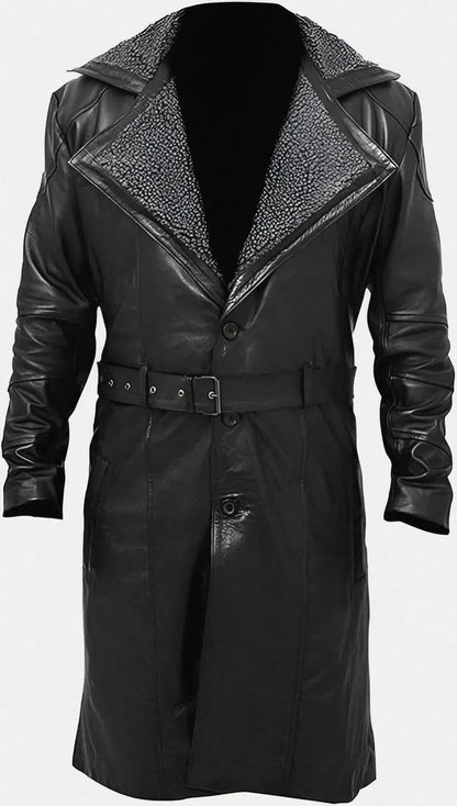 NEW GERMAN CLASSIC WW2 BLACK FULL FAUX FUR REAL SHEEPSKIN LEATHER TRENCH LONG WINTER DUSTER COAT JACKET FOR MEN
