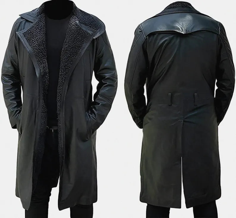 NEW GERMAN CLASSIC WW2 BLACK FULL FAUX FUR REAL SHEEPSKIN LEATHER TRENCH LONG WINTER DUSTER COAT JACKET FOR MEN