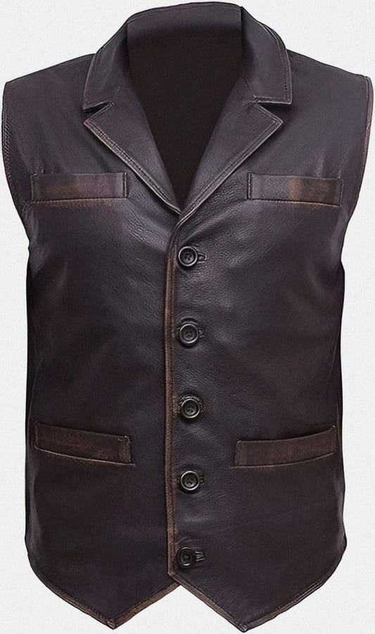 RF Leathers Hell on Wheels Cullen Bohannon Black Leather Vest Jacket With Lapel Collar