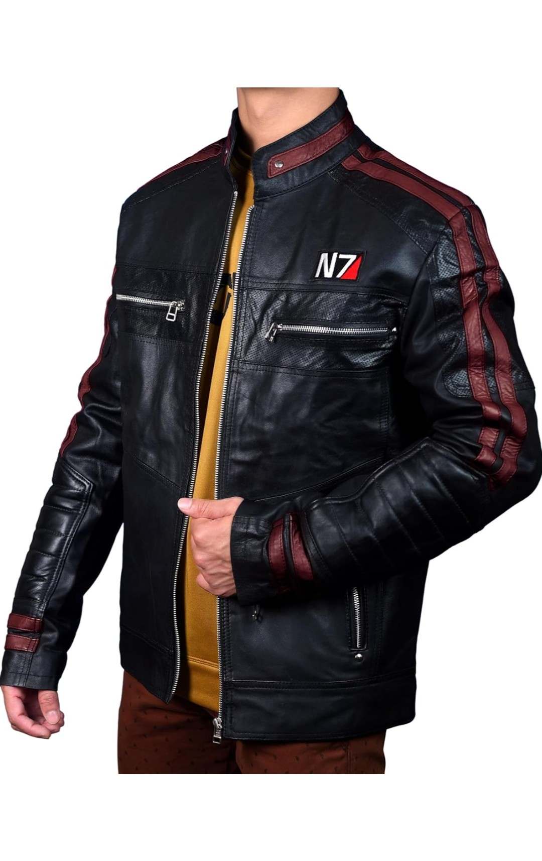 N7 Mass Effect 3 Commander Shepherd Gaming Black Sheepskin Leather Jacket